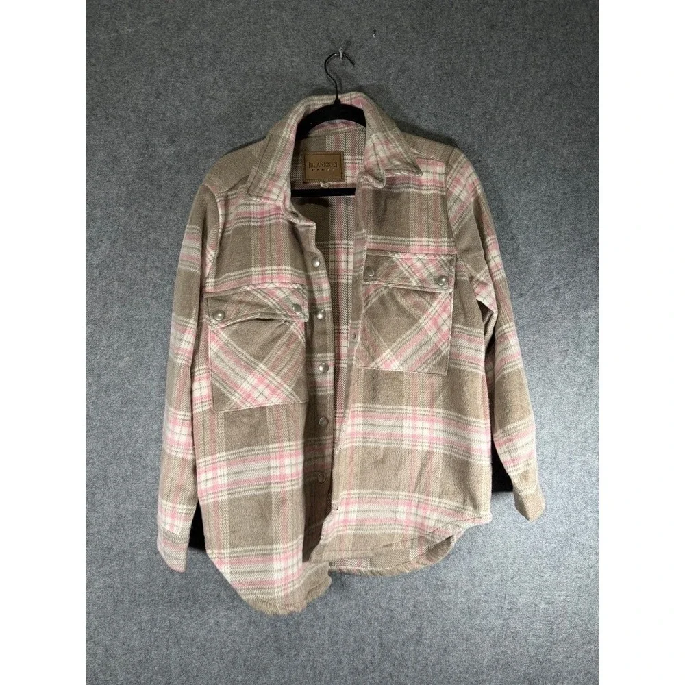 BLANKNYC Plaid Shirt Jacket Shacket Pink Tan Beige Women's Size S Button Up Fall